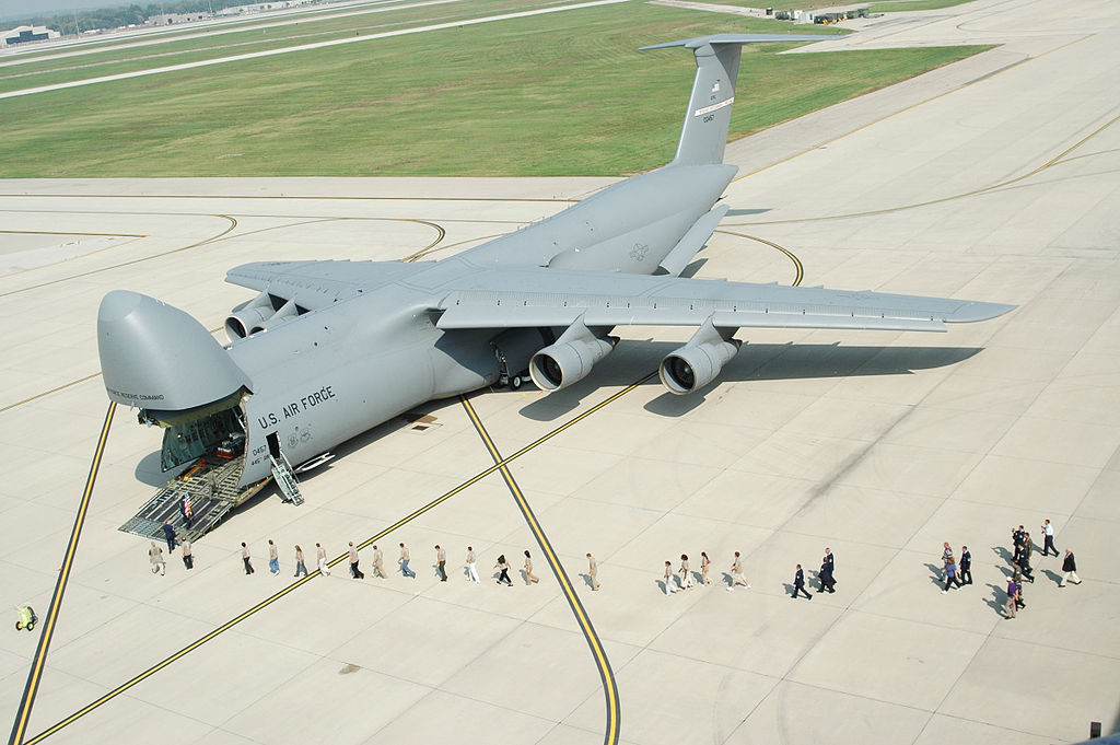 Troops loading onto a U.S. Air Force C-5 Galaxy