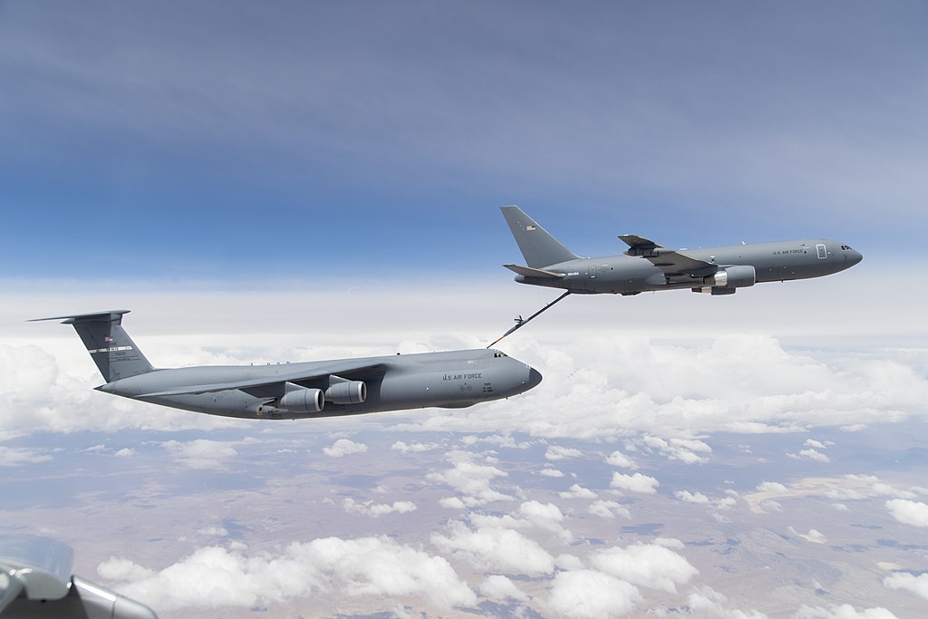 U.S. Air Force C-5M Galaxy from Travis AFB during aerial refueling from a KC-46 Pegasus
