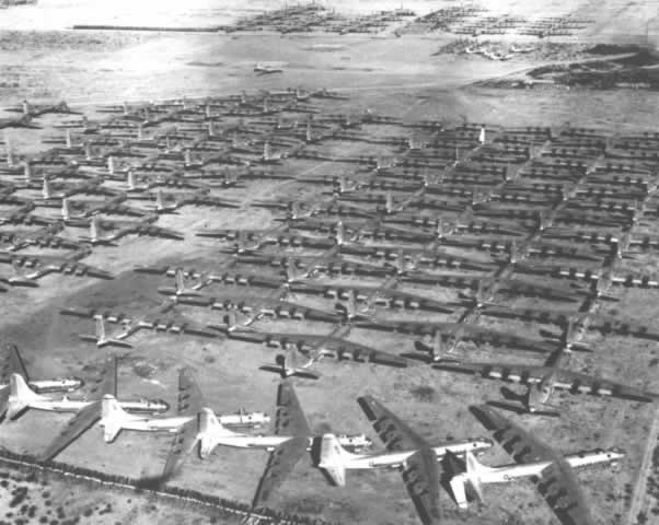 Aerial view of Convair B-36 Peacemakers at Davis-Monthan Air Force Base awaiting scrappin