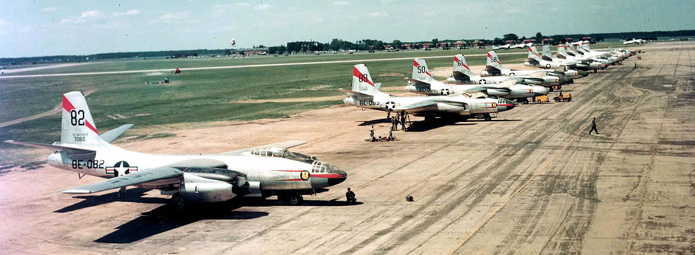 B-45A-5-NA Tornados of the 47th Light Bomb Wing, Langley Air Force Base, Va., before transatlantic flight to Sculthorpe, England, in July 1952.Planes (nearest to farthest) have serial numbers 47-082, 47-089, 47-050, 47-061, 47-058, and 47-081