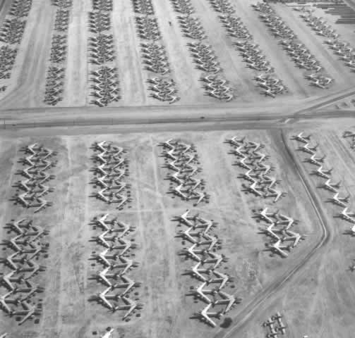 Aerial view of Boeing B-47 Stratojets at Davis-Monthan AFB awaiting scrapping in January, 1967
