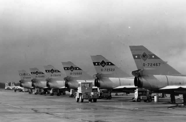 Convair F-106 Delta Darts parked on the apron 