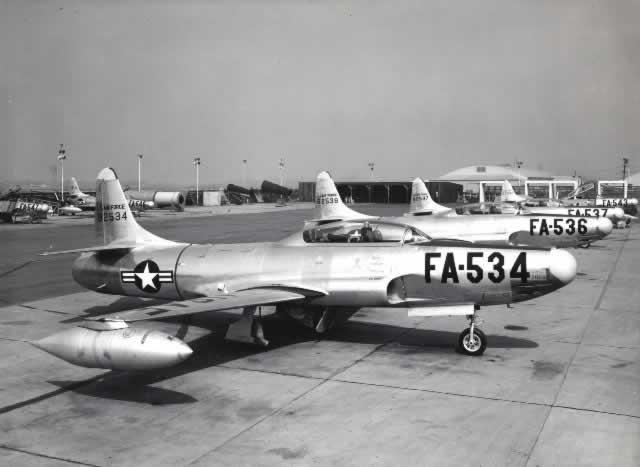 Air Force F-94 Starfires on apron: Buzz Numbers FA-534, FA-536, FA-537, FA-543, on apron