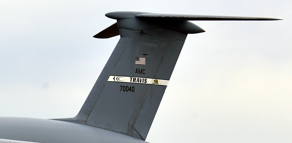 Tail Code markings on USAF C-5M Super Galaxy, 87-0040, of the Air Mobility Command (AMC) from Travis AFB, California
