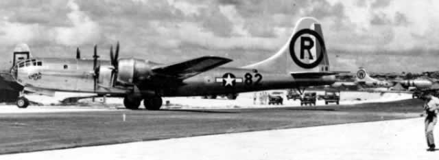 "Enola Gay" parked on tarmac after Hiroshima atomic bomb flight