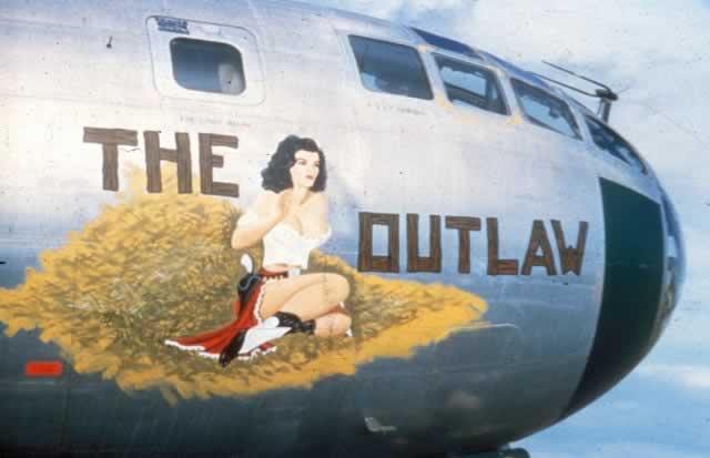 Classic WWII military bomber nose art featuring a likeness of actress Jane Russell on the B-29 Superfortress "The Outlaw" from the 1941 movie of the same name. The nose art was painted on B-29 S/N 42-65306 of the 28th Bomb Squadron, 19th Bomb Group. The aircraft later crashed on takeoff in 1951.