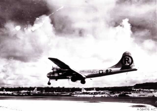 Boeing B-29 "Enola Gay" landing after Hiroshima bombing run