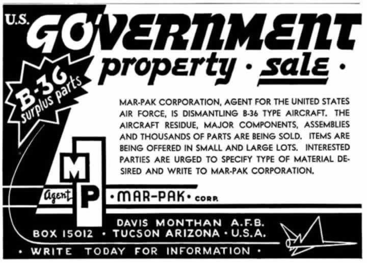 Mar-Pak Corporation ad for the sale of B-36 surplus components at its Davis-Monthan facility in Tucson, AZ