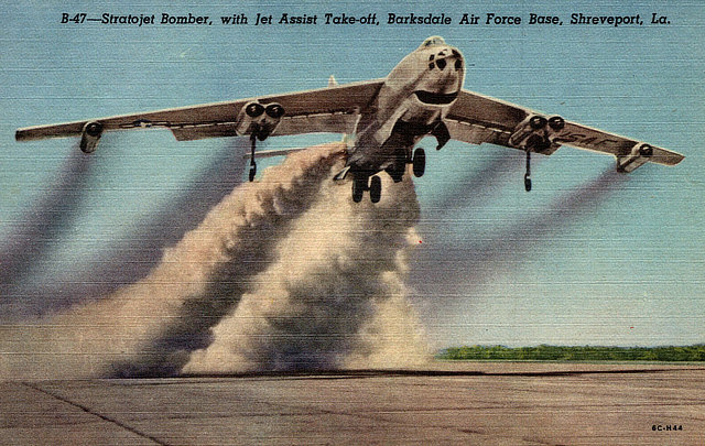 Vintage image of a Boeing B-47 Stratojet Bomber, with Jet Assist Take-off, Barksdale Air Force Base