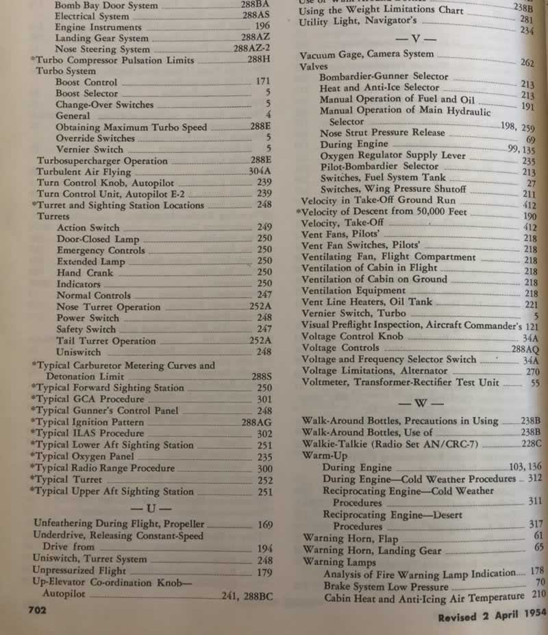 B-36H Peacemaker bomber Flight Handbook index of contents
