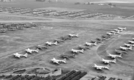 Aerial view of surplus C-46 Commandos in storage at Cal-Aero Field after WWII
