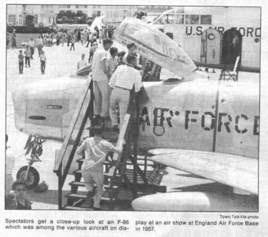 Newspaper account: Newspaper Clipping:Newspaper Clipping: Spectators get a close-up look at an F-86 at an air show at England Air Force Base in 1957