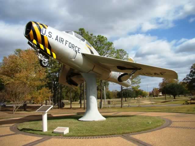 F-84F Thunderstreak on static display at the entrance to the former England AFB in Alexandria