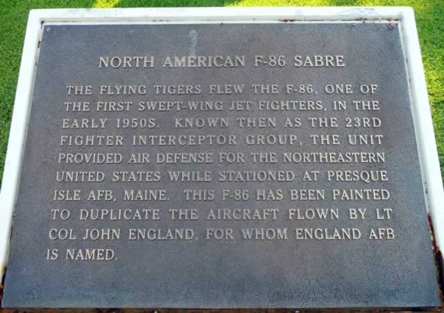 North American F-86 Sabre historical marker at England Air Force Base in Alexandria, Louisiana