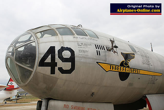 Left nose view of B-29 Superfortress "Three Feathers", S/N 44-61669