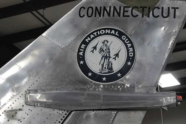 "Connecticut Air National Guard" markings on the tail of the restored F-100 Super Sabre at the New England Air Museum