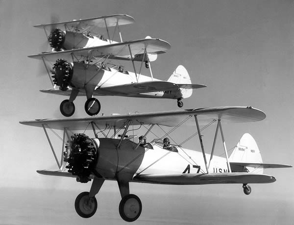 U.S. Navy Stearman N2S-1 trainers flying in formation