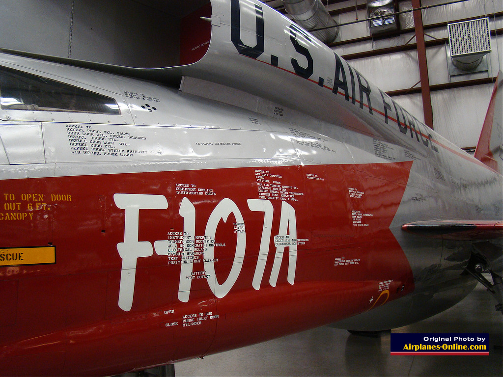 Close-up view of the F-107A Serial Number 55-5118 at the Pima Air & Space Museum in Tucson, Arizona