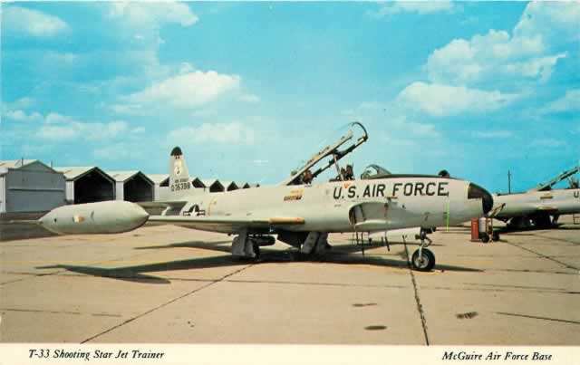 T-33 Shooting Star Jet Trainer, S/N 0-35398, shown in this historic postcard at McGuire Air Force Base