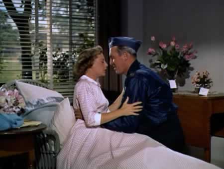 James Stewart, playing the role of Dutch, meets with June Allyson, in the role of his wife Sally, in the movie "Strategic Air Command"
