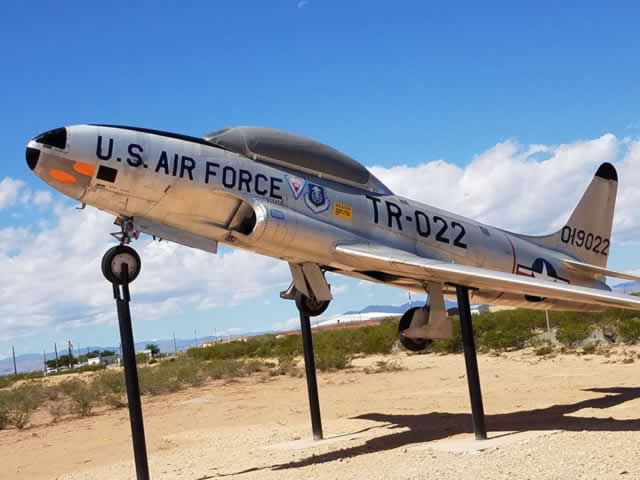 USAF T-33 Shooting Star, S/N 0-19022, Buzz Number TR-022, on display at the entrance to Truth or Consequences Municipal Airport, New Mexico