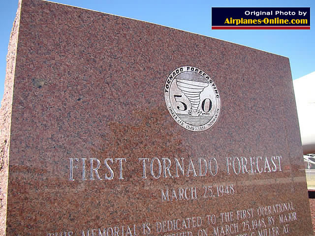 Marker commemorating the first tornado forecast, March 25, 1948, at Tinker Air Force Base, Oklahoma City