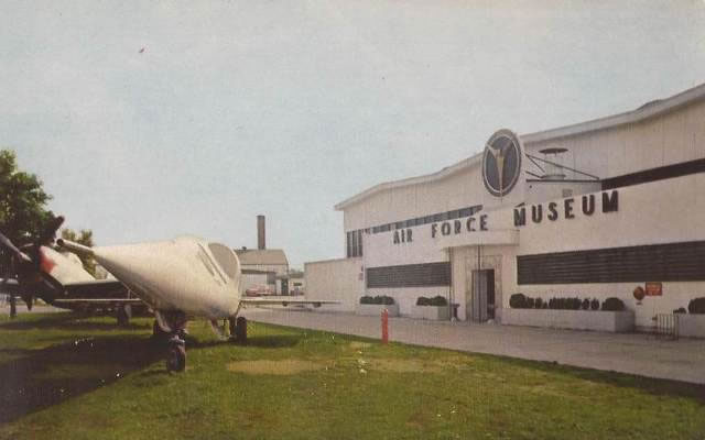 Historic postcard of the United States Air Force Museum at Wright-Patterson AFB in Dayton, OH