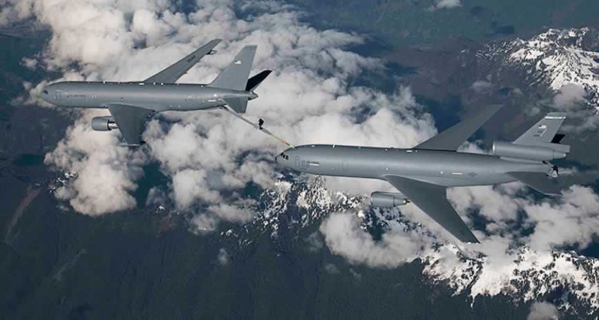 KC-46A Pegasus of the United States Air Force during in-flight refueling operations with a KC-10 Extender