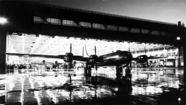 Roll-out of a completed B-29 Superfortress, on the night shift, Boeing Wichita Plant 