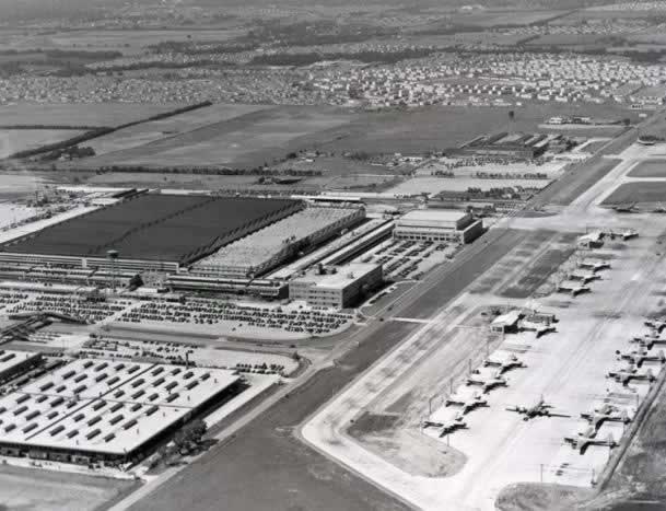 Boeing Wichita Plant, aerial view of completed B-29s, VJ Day, August 15, 1945